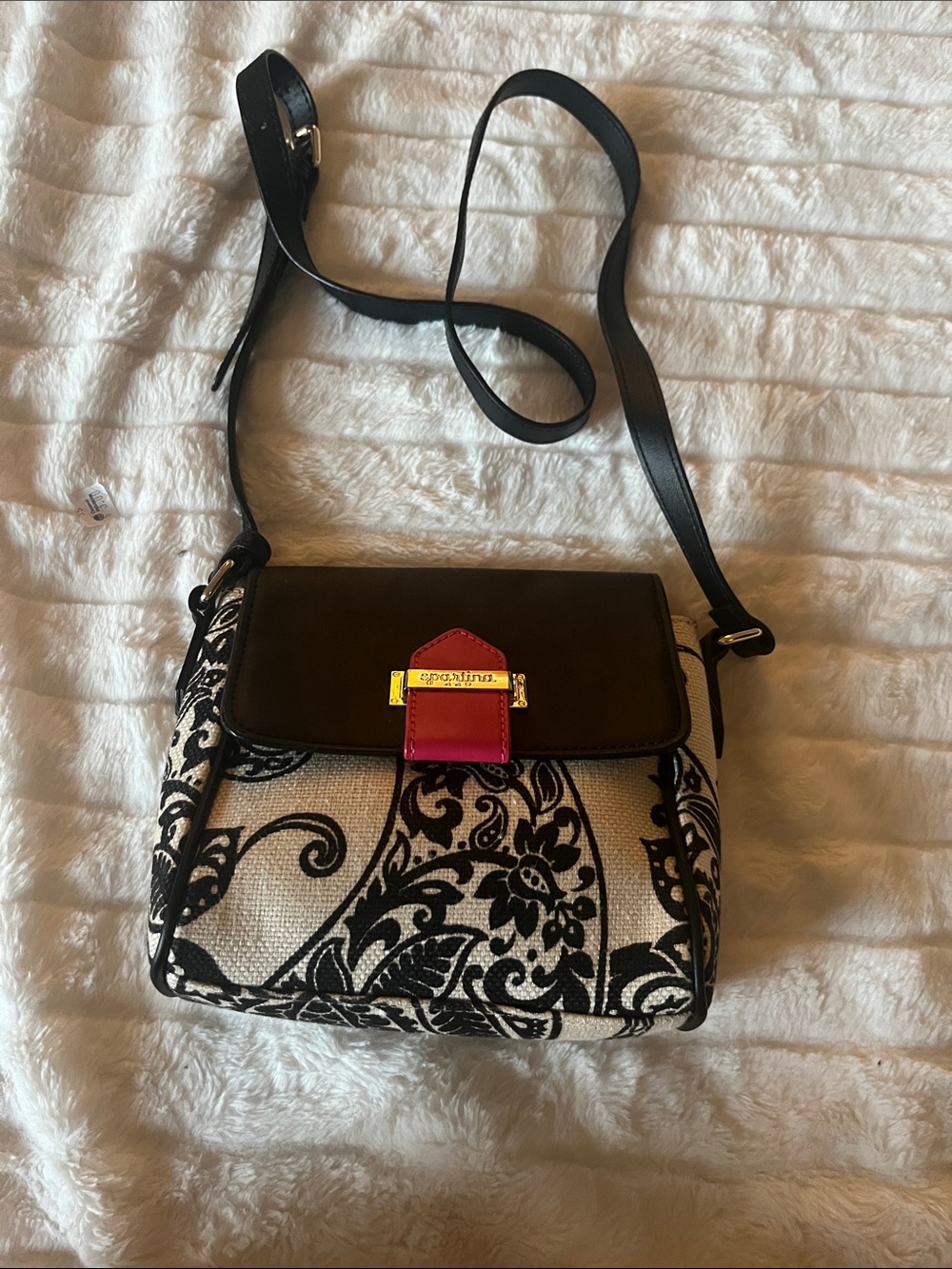 Spartina 449 Cross Body Black and Cream Floral Crossbody with Pink Tab Accent